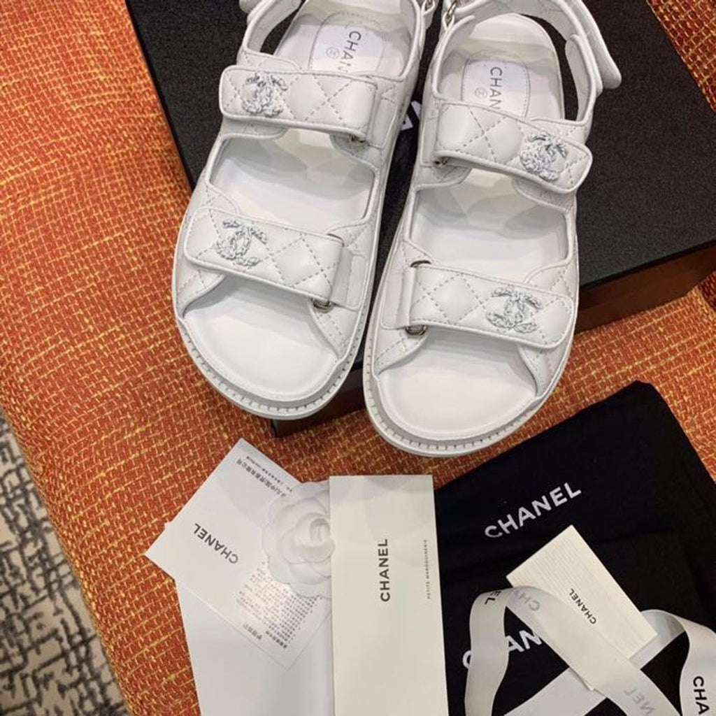 Chanel CC Logo Velcro Sandals Lambskin Leather Spring/Summer Collection, White
