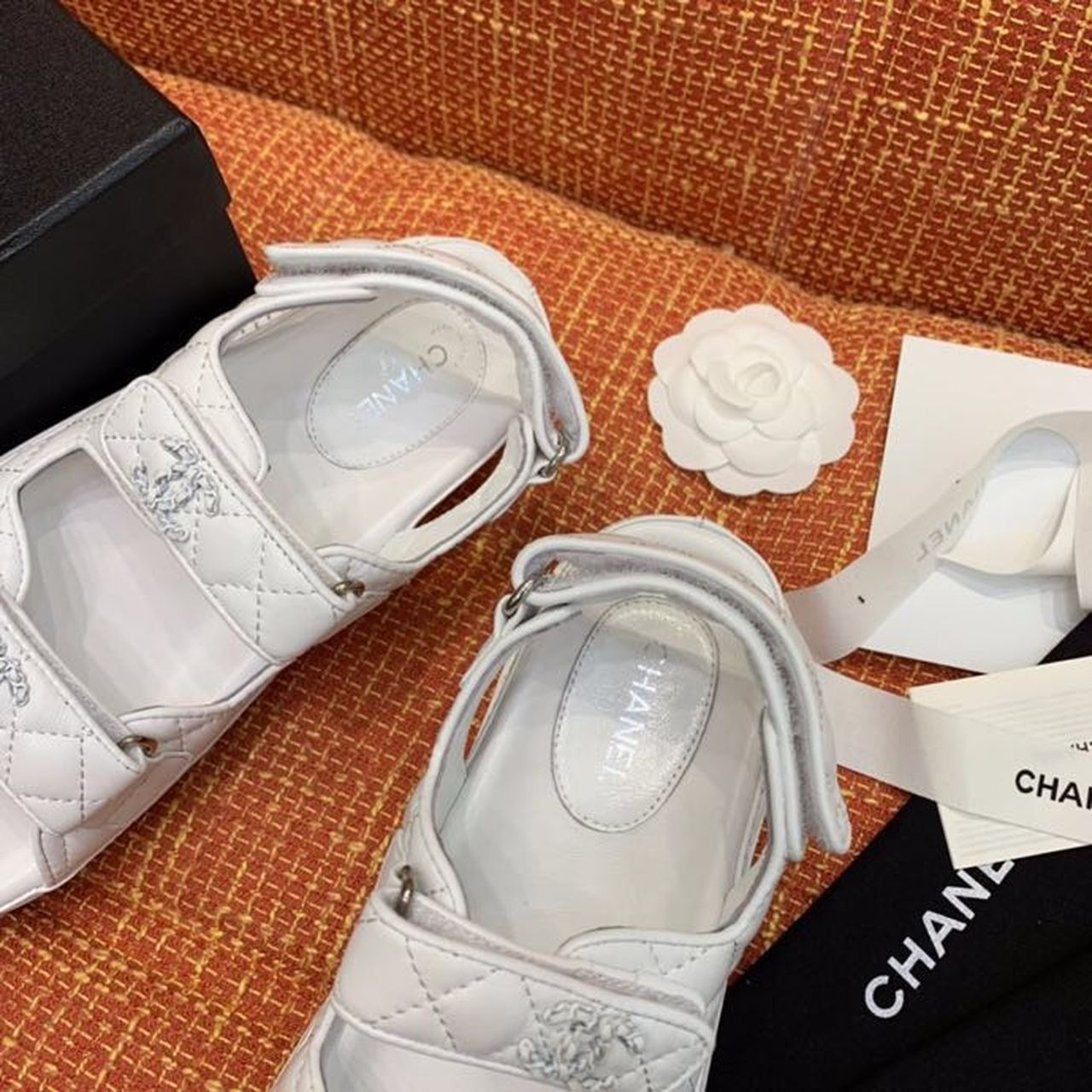 Chanel CC Logo Velcro Sandals Lambskin Leather Spring/Summer Collection, White