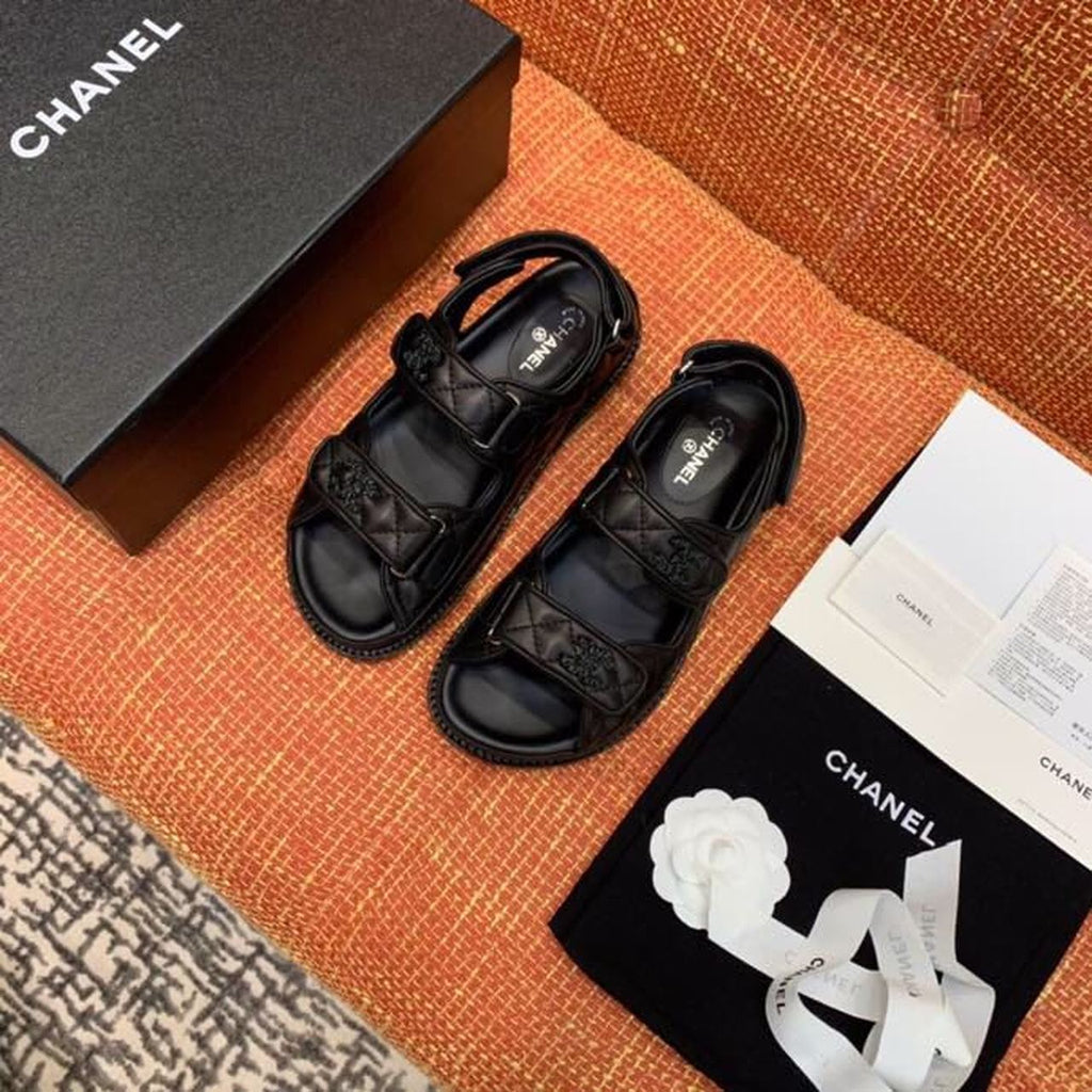 Chanel CC Logo Velcro Sandals Lambskin Leather Spring/Summer Collection, Black
