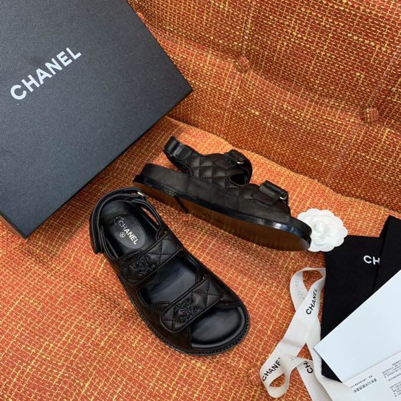 Chanel CC Logo Velcro Sandals Lambskin Leather Spring/Summer Collection, Black