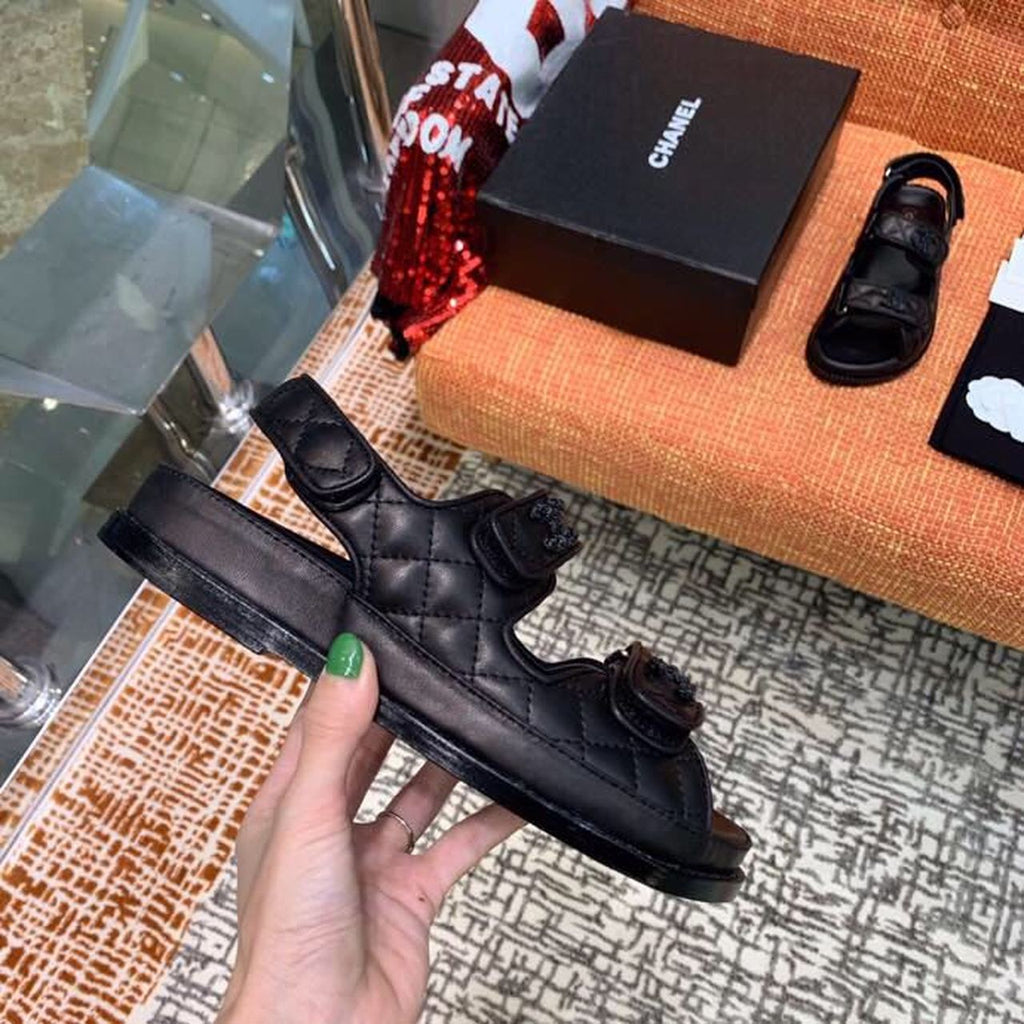 Chanel CC Logo Velcro Sandals Lambskin Leather Spring/Summer Collection, Black