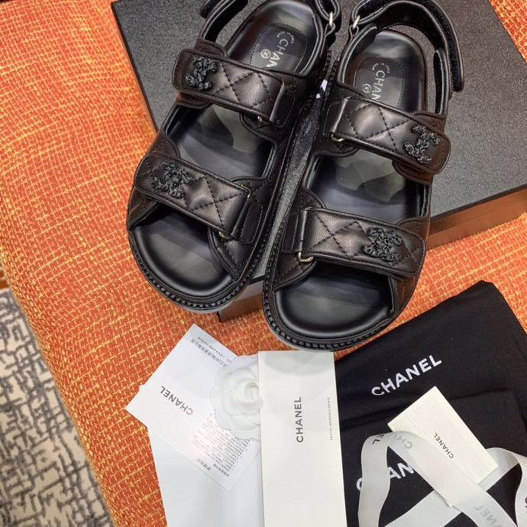 Chanel CC Logo Velcro Sandals Lambskin Leather Spring/Summer Collection, Black