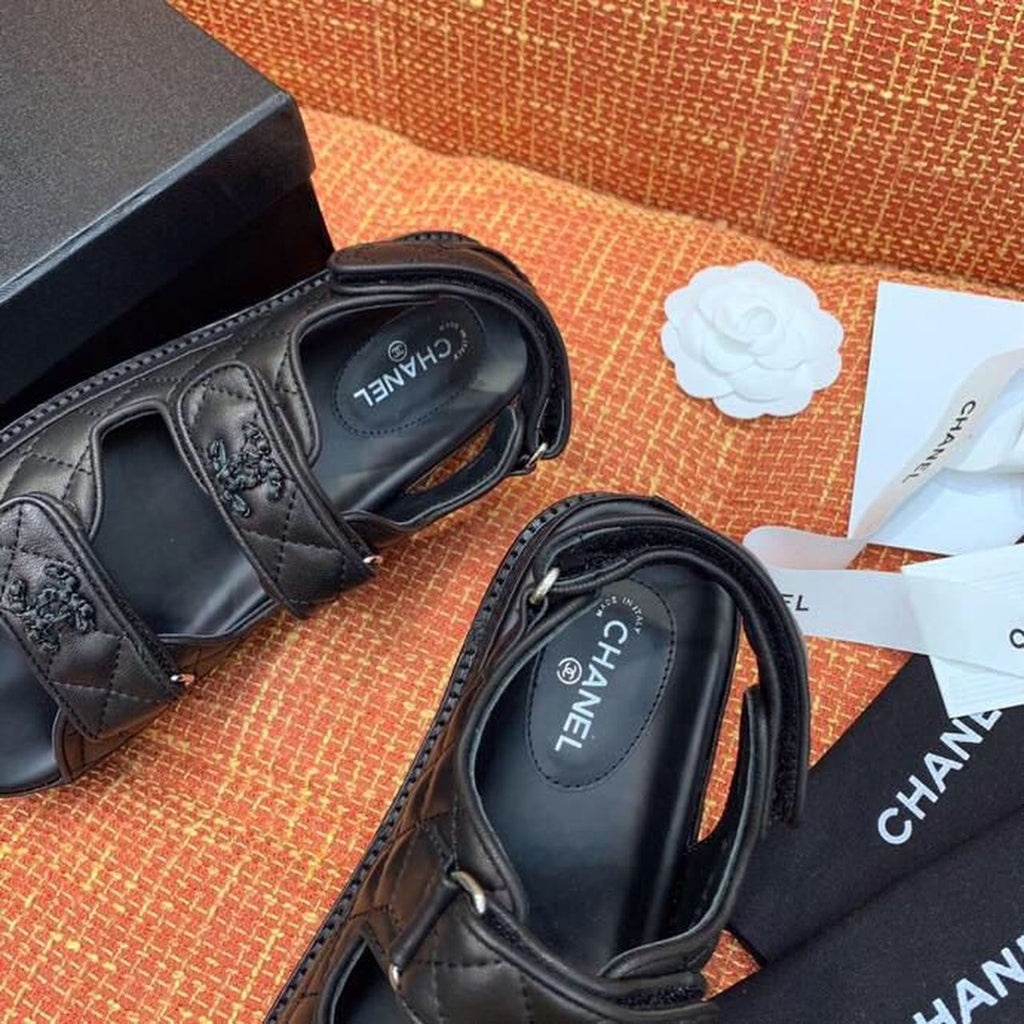 Chanel CC Logo Velcro Sandals Lambskin Leather Spring/Summer Collection, Black