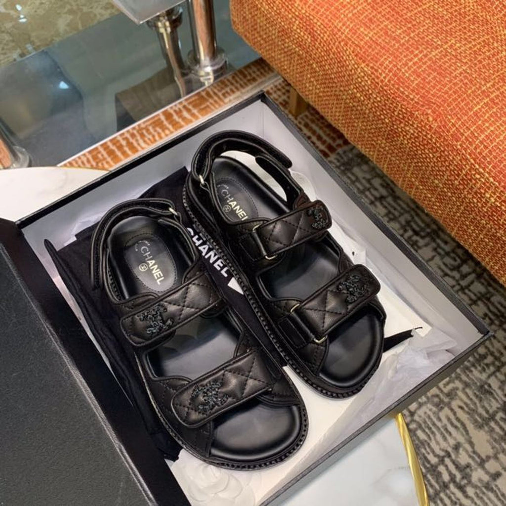 Chanel CC Logo Velcro Sandals Lambskin Leather Spring/Summer Collection, Black