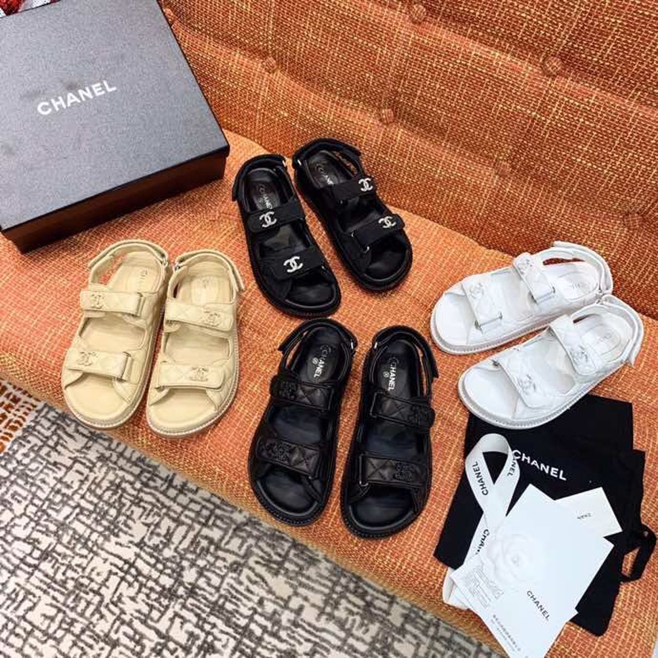 Chanel CC Logo Velcro Sandals Lambskin Leather Spring/Summer Collection, Black