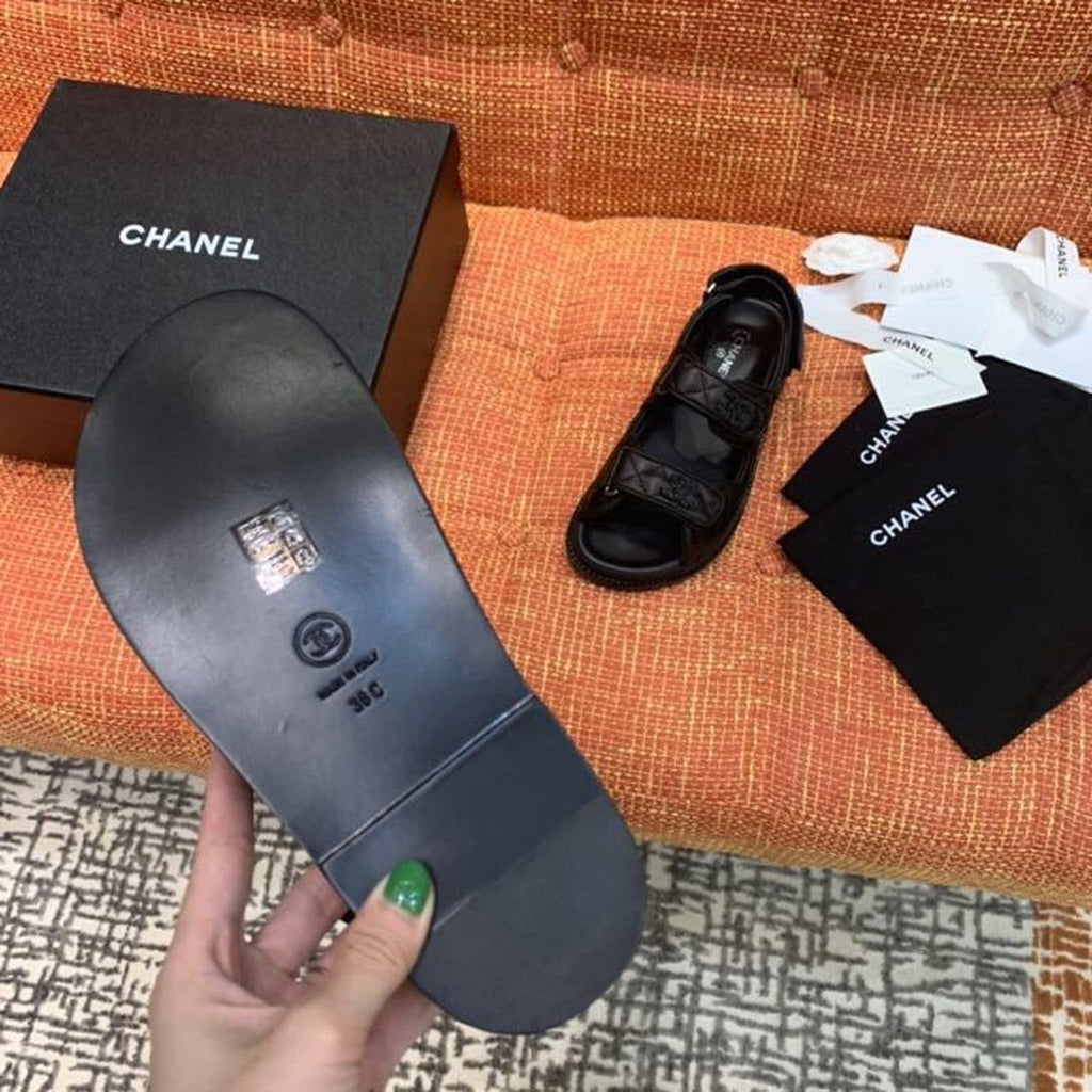 Chanel CC Logo Velcro Sandals Lambskin Leather Spring/Summer Collection, Black