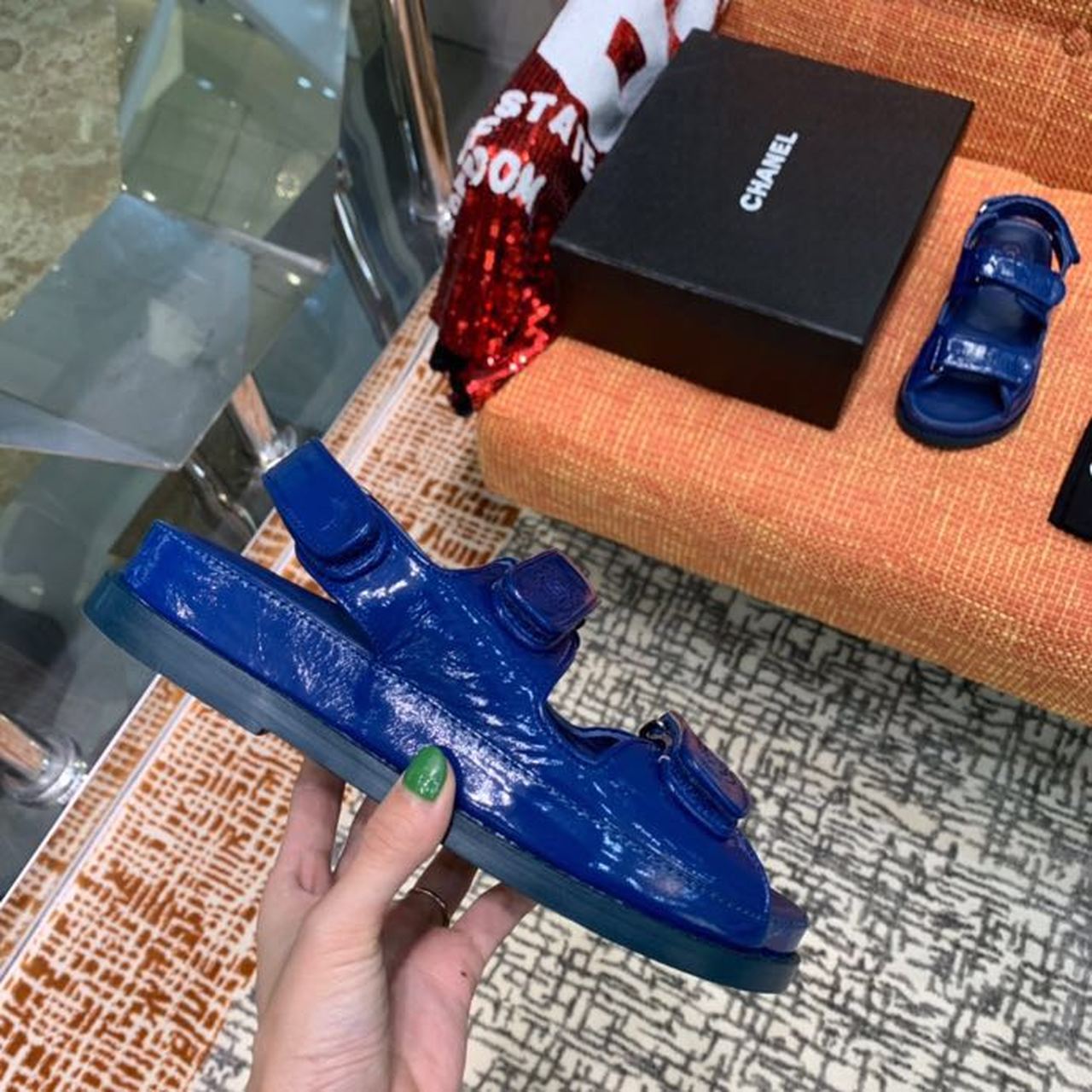 Chanel Velcro Sandals Shiny Lambskin Leather Spring/Summer Collection Electric Blue