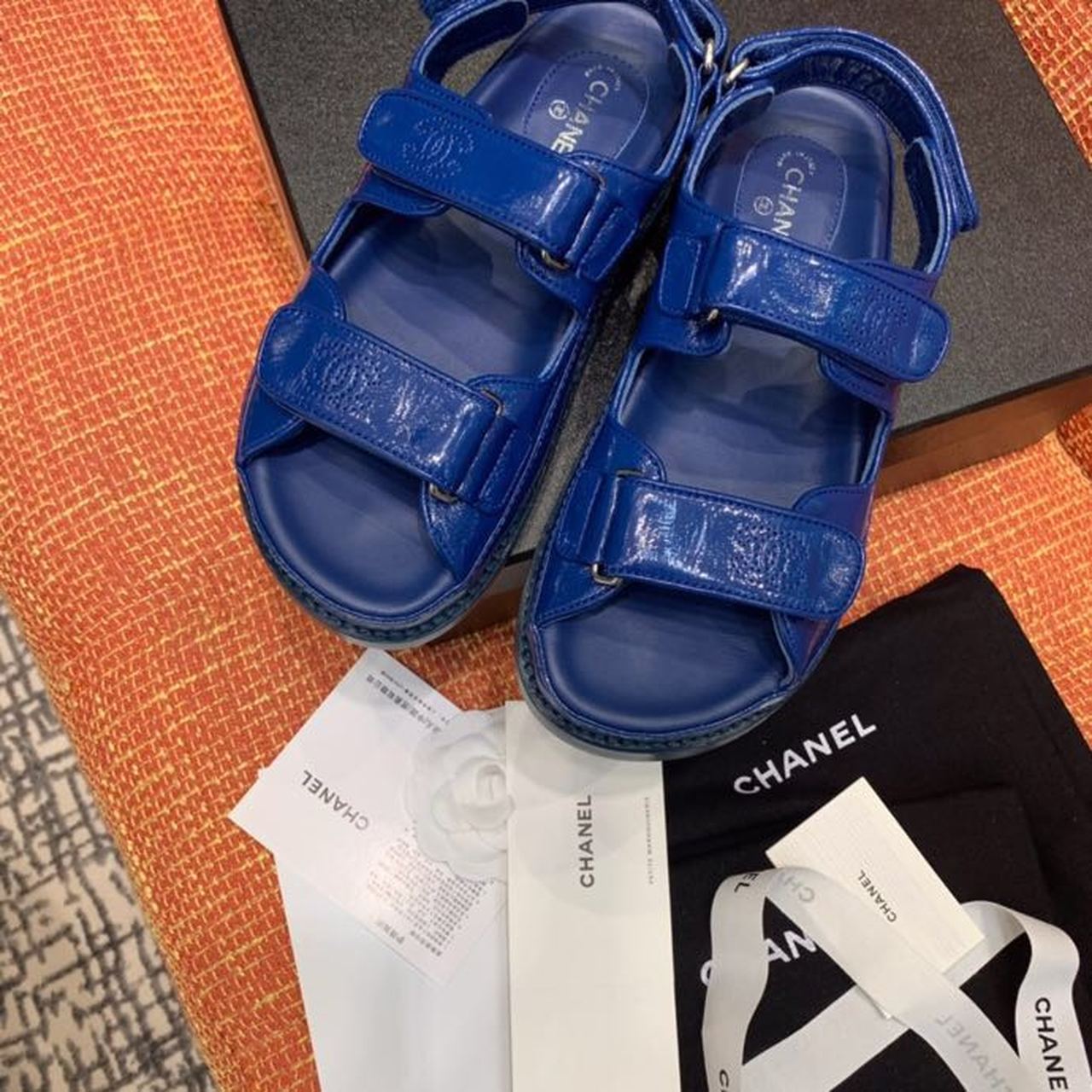 Chanel Velcro Sandals Shiny Lambskin Leather Spring/Summer Collection Electric Blue