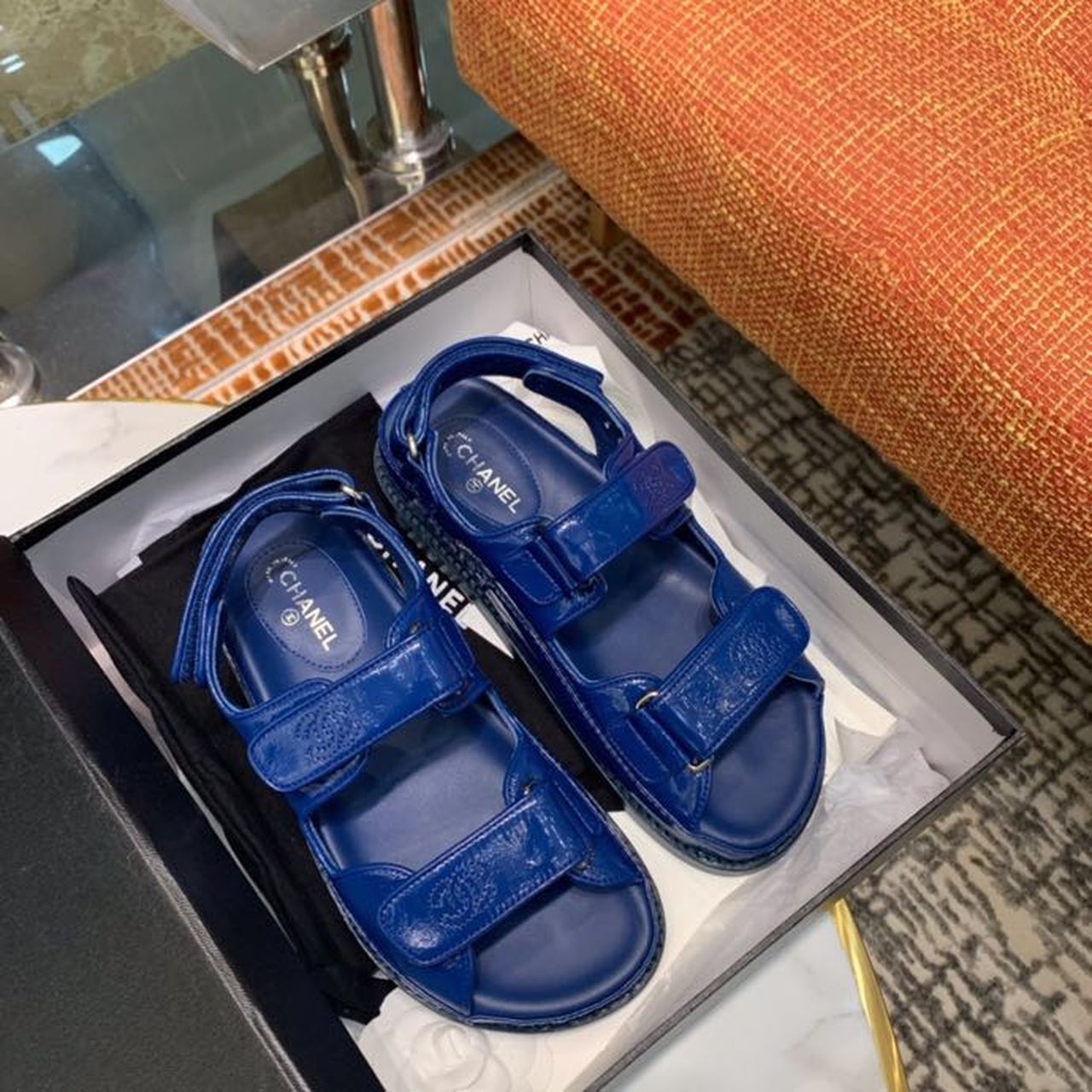 Chanel Velcro Sandals Shiny Lambskin Leather Spring/Summer Collection Electric Blue