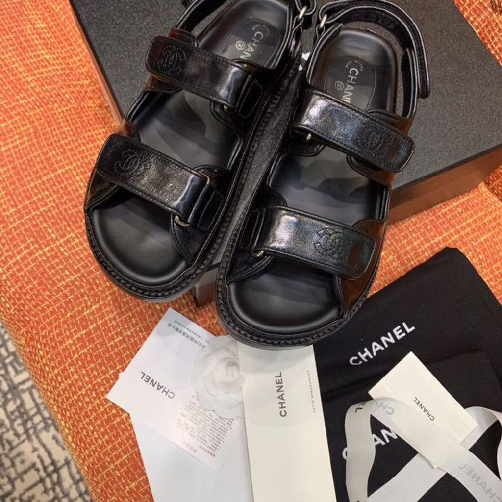Chanel Velcro Sandals Shiny Lambskin Leather Spring/Summer Collection Black