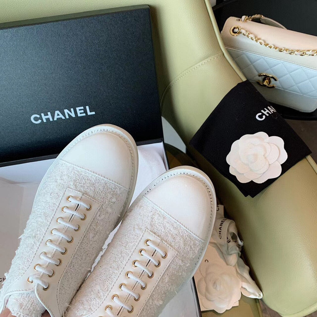 Chanel Tweed Lace Up Shoes Calfskin Leather Spring/Summer Collection White