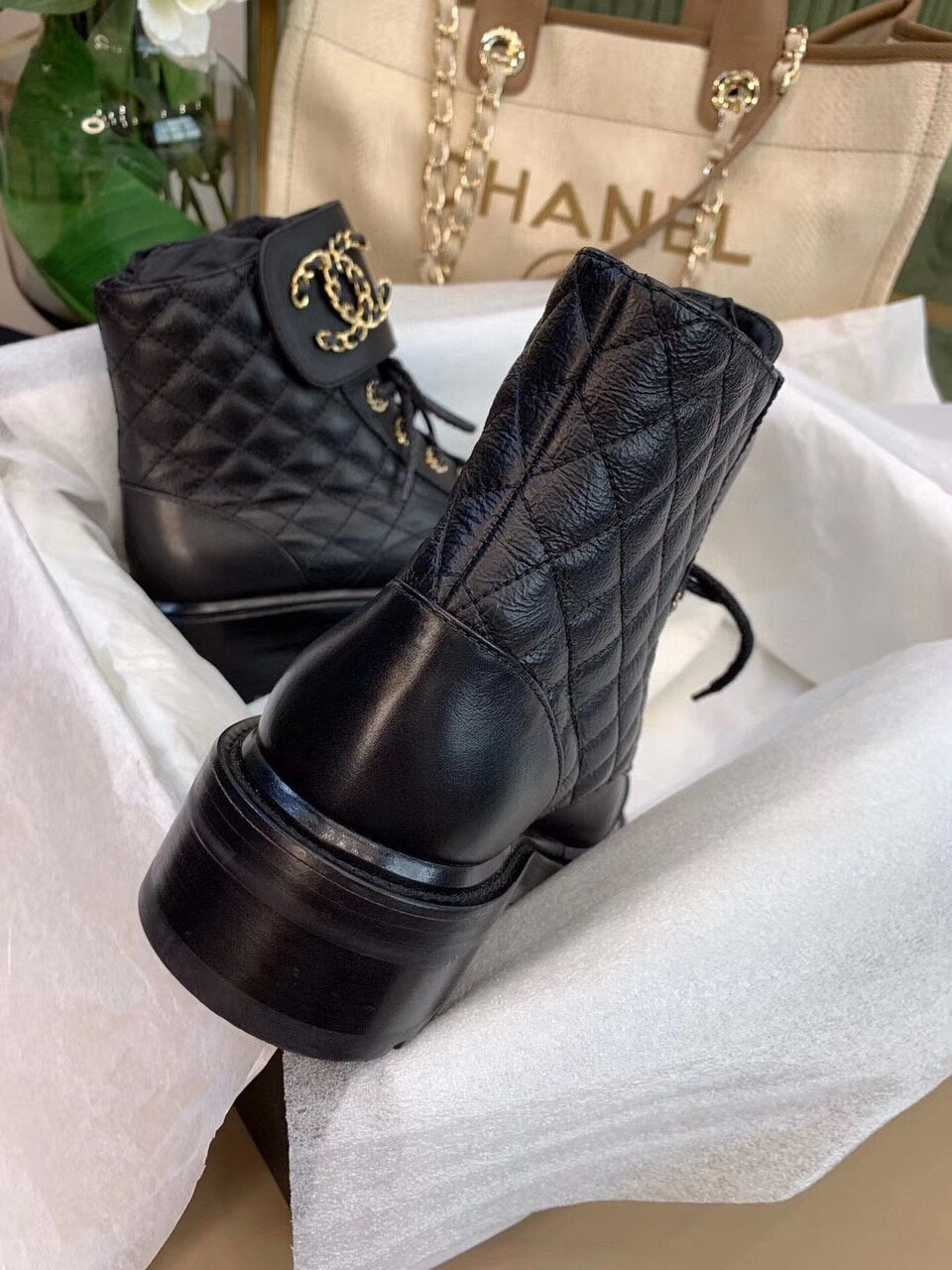 Chanel Quilted CC Lace Up Boots Lambskin Leather Spring/Summer Collection, Black