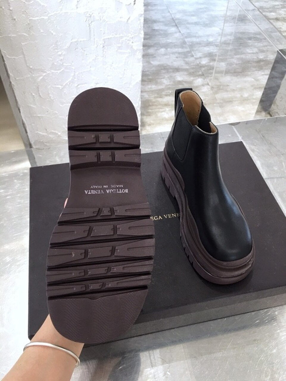 Bottega Veneta Flat Triple-Sole Leather Booties Calfskin Leather Fall/Winter 2020 Collection, Black/Brown