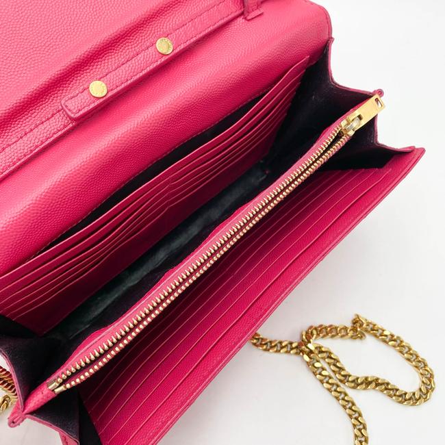 Saint Laurent Chain Wallet Grain De Poudre Matelasse Chevron Woc Lipstick Fuchsia Pink Leather Cross Body Bag
