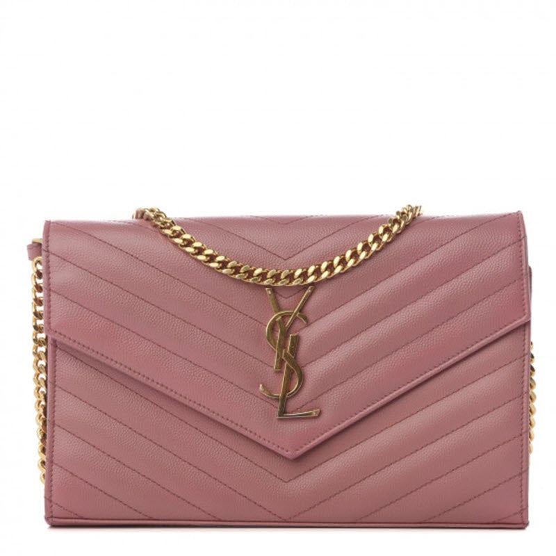 Saint Laurent Grain De Poudre Matelasse Chevron Monogram Woc Blush Fonce Pink Leather Shoulder Bag