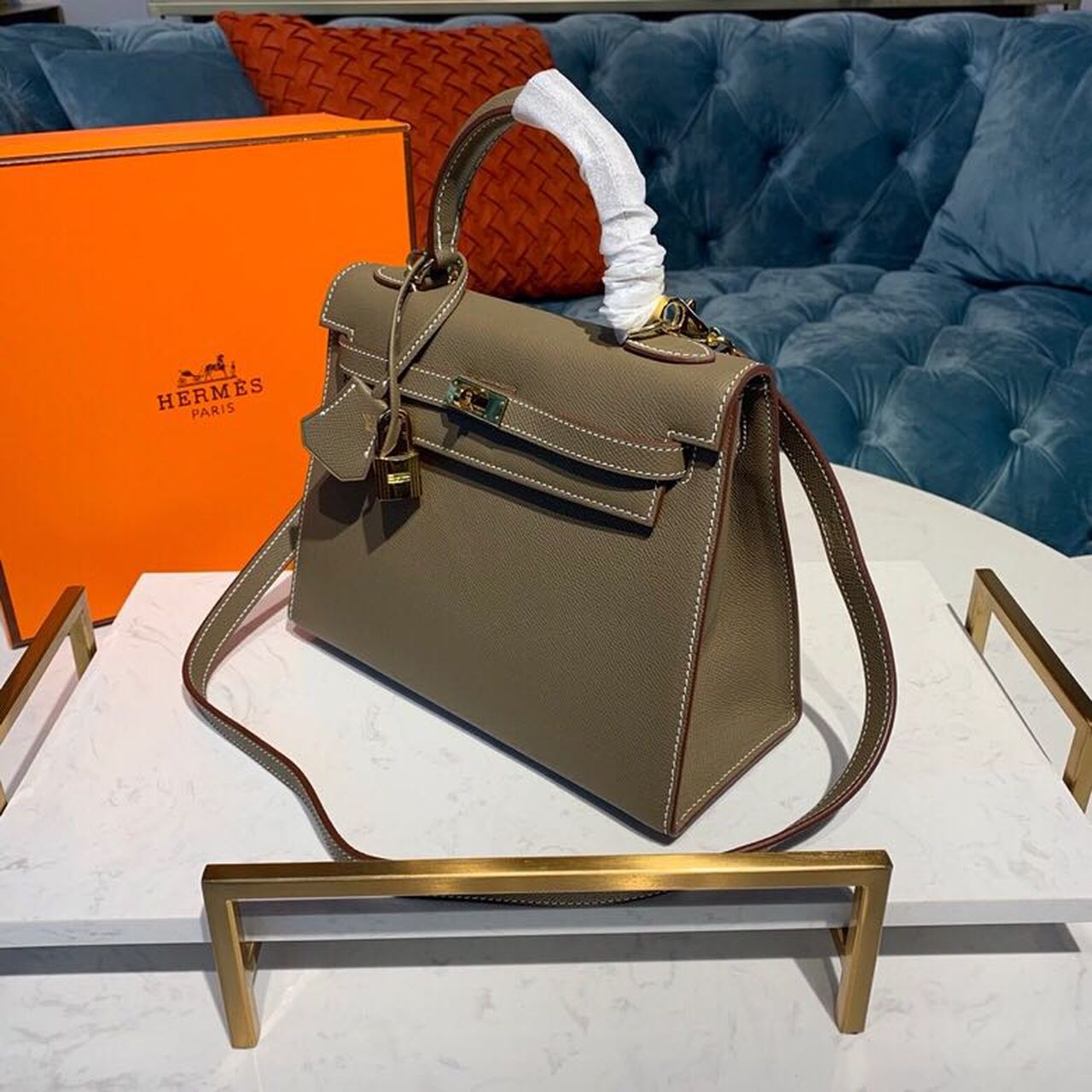 Hermes Kelly 25cm Epsom Bag Semi-Handstitched Gold Hardware, Etoupe