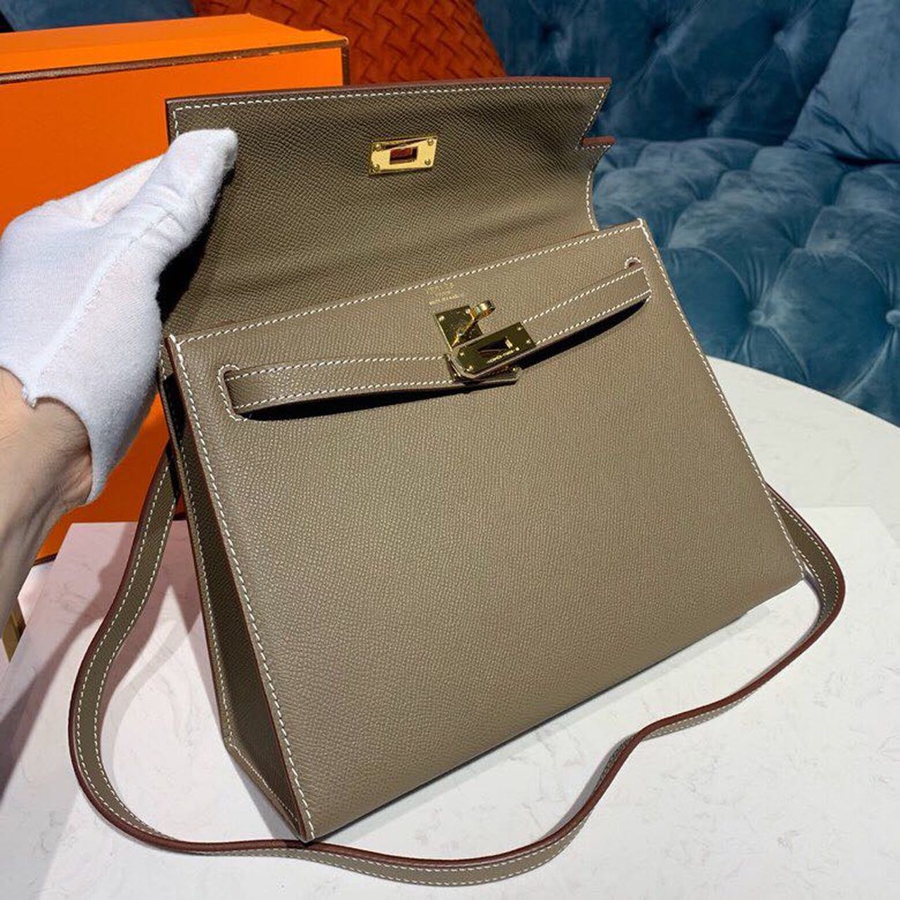 Hermes Kelly 25cm Epsom Bag Semi-Handstitched Gold Hardware, Etoupe