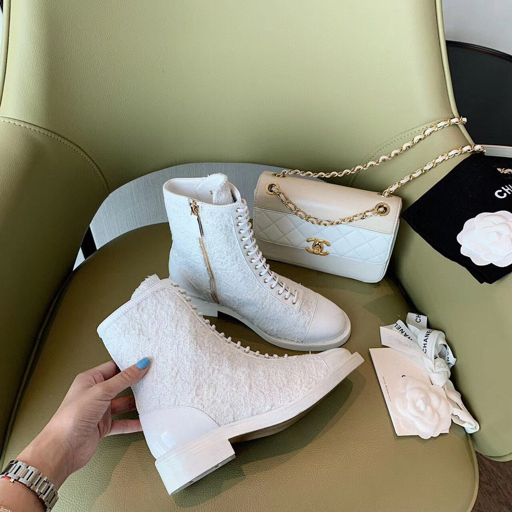 Chanel Tweed Lace Up Combat Boots Calfskin Leather Spring/Summe Collection, White