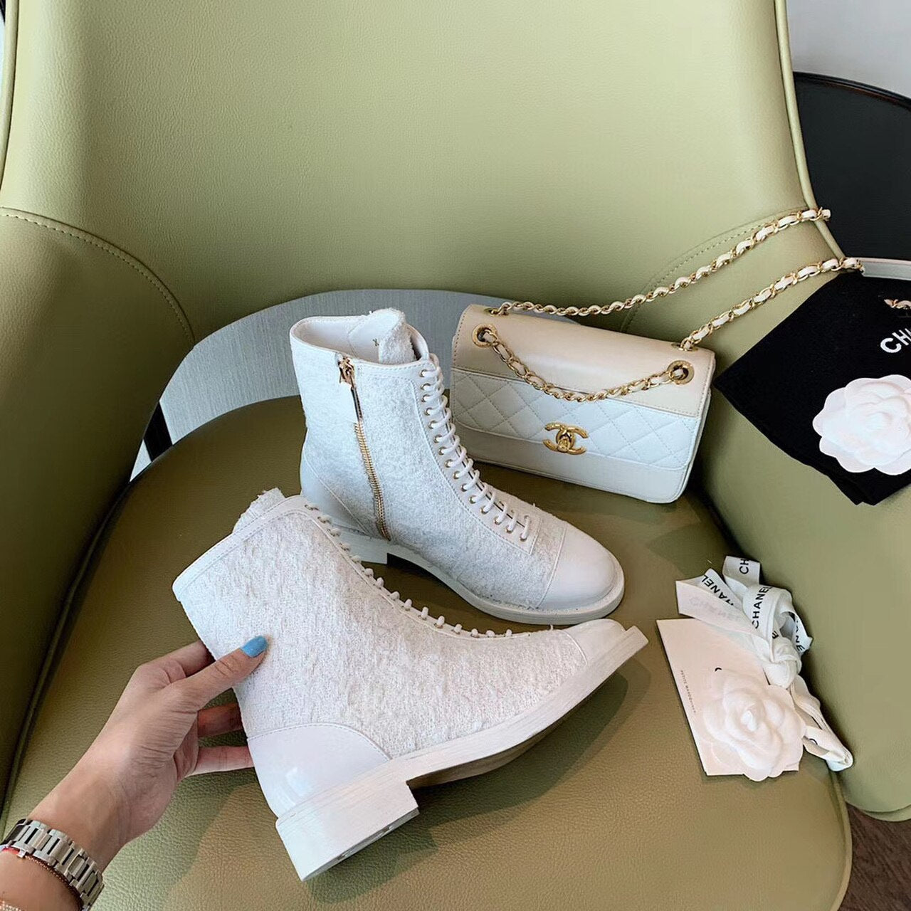 Chanel Tweed Lace Up Combat Boots Calfskin Leather Spring/Summe Collection, White