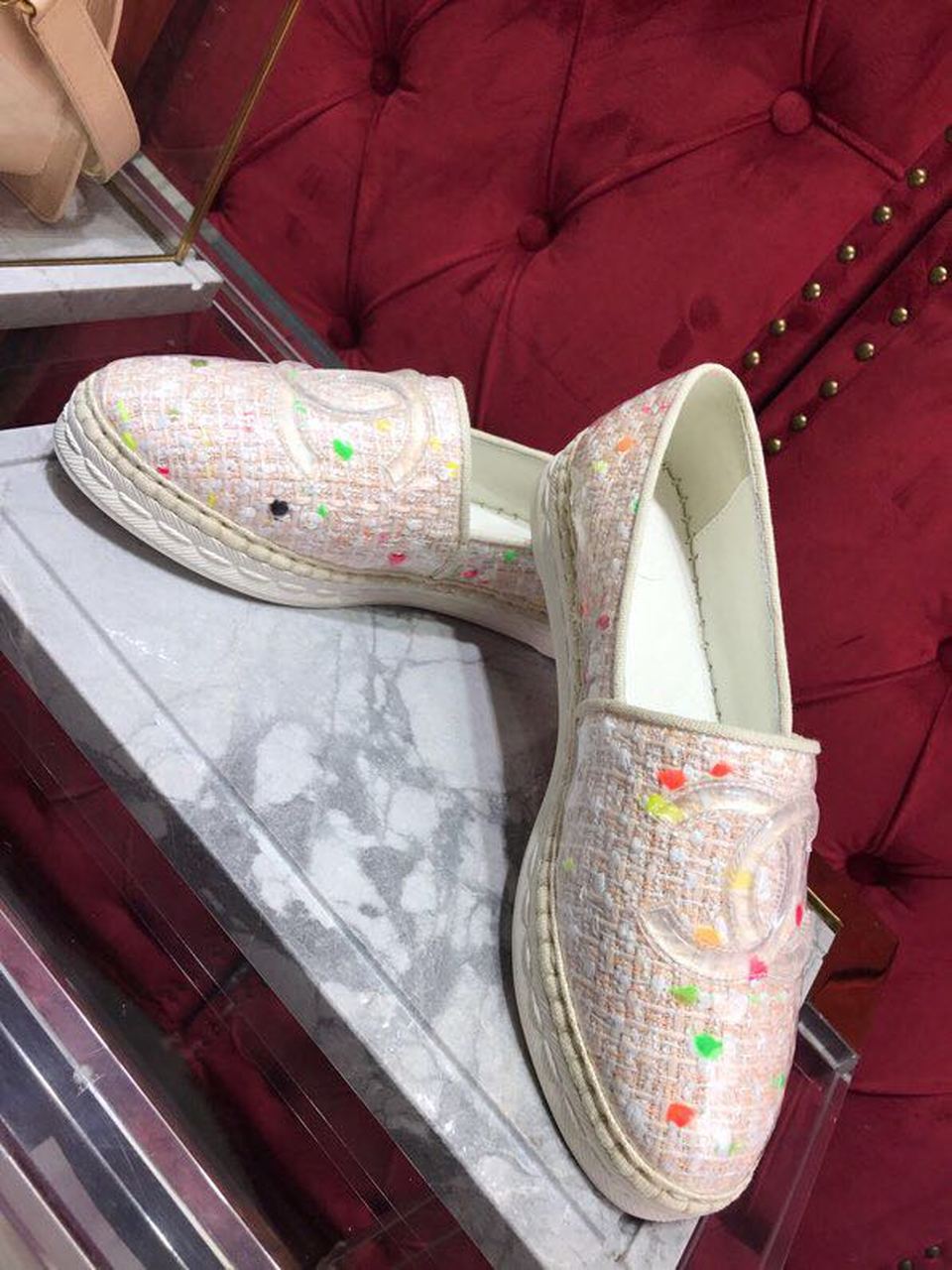 Chanel Tweed/PVC CC Logo Espadrilles Spring/Summer Act 2 Collection Pink Sherbert