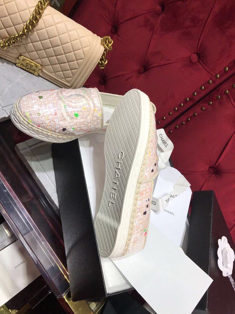Chanel Tweed/PVC CC Logo Espadrilles Spring/Summer Act 2 Collection Pink Sherbert