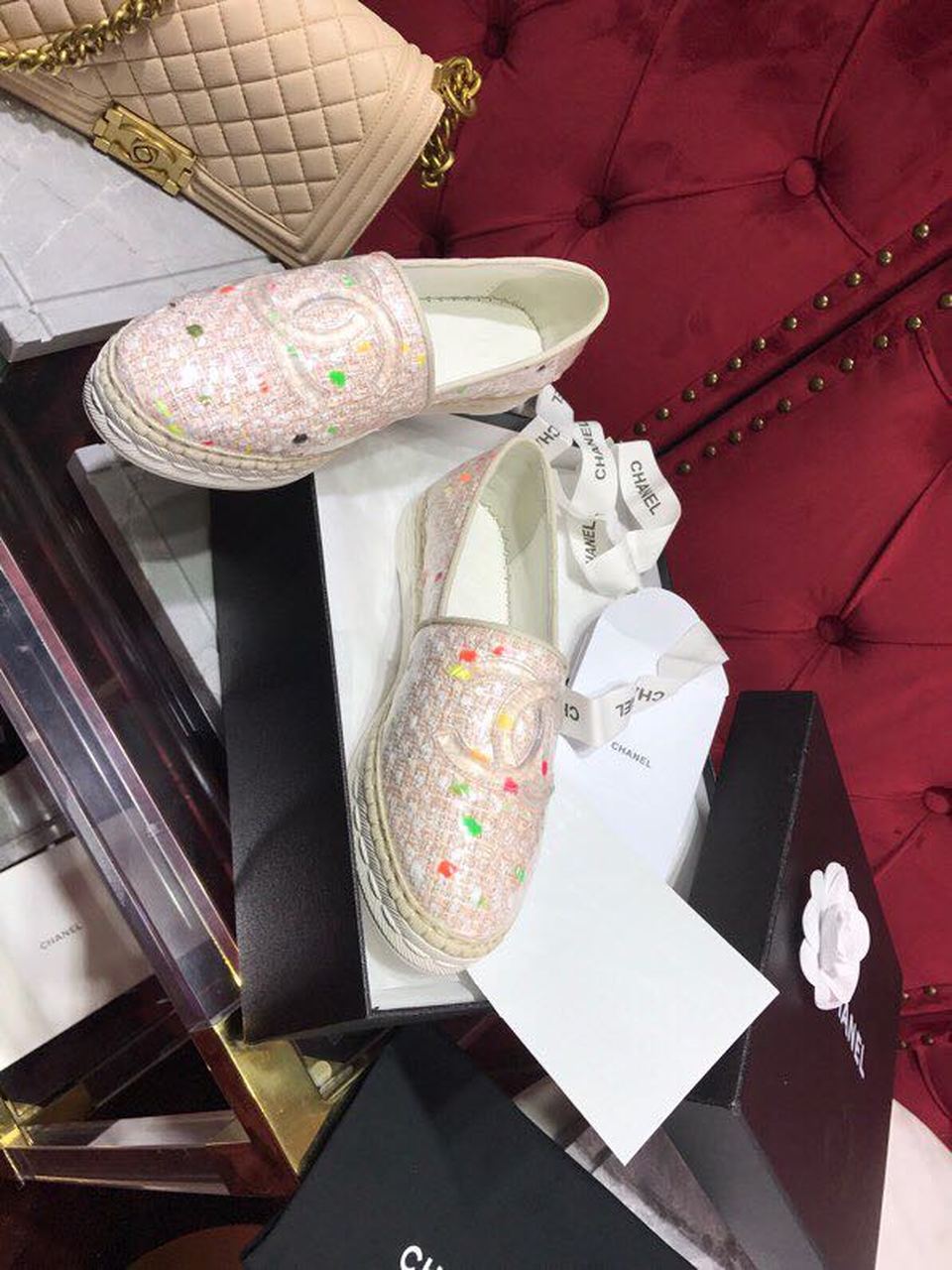 Chanel Tweed/PVC CC Logo Espadrilles Spring/Summer Act 2 Collection Pink Sherbert