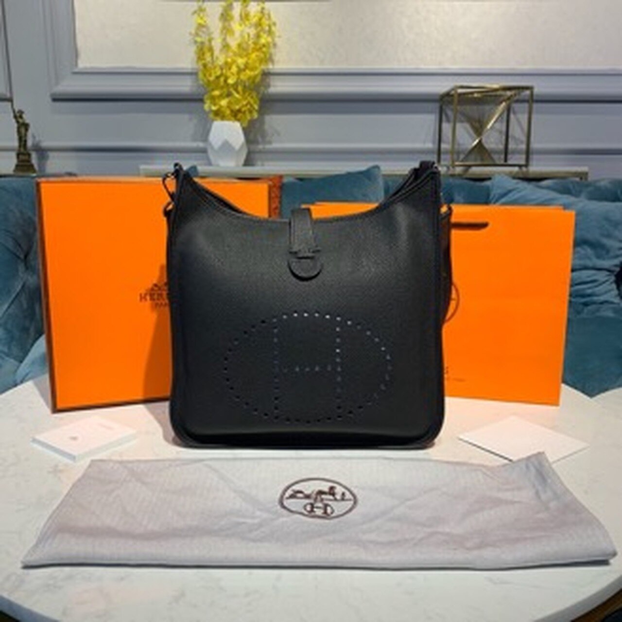 Hermes Evelyne III GM Bag 30cm Taurillon Clemence Handstitched Palladium Hardware Black