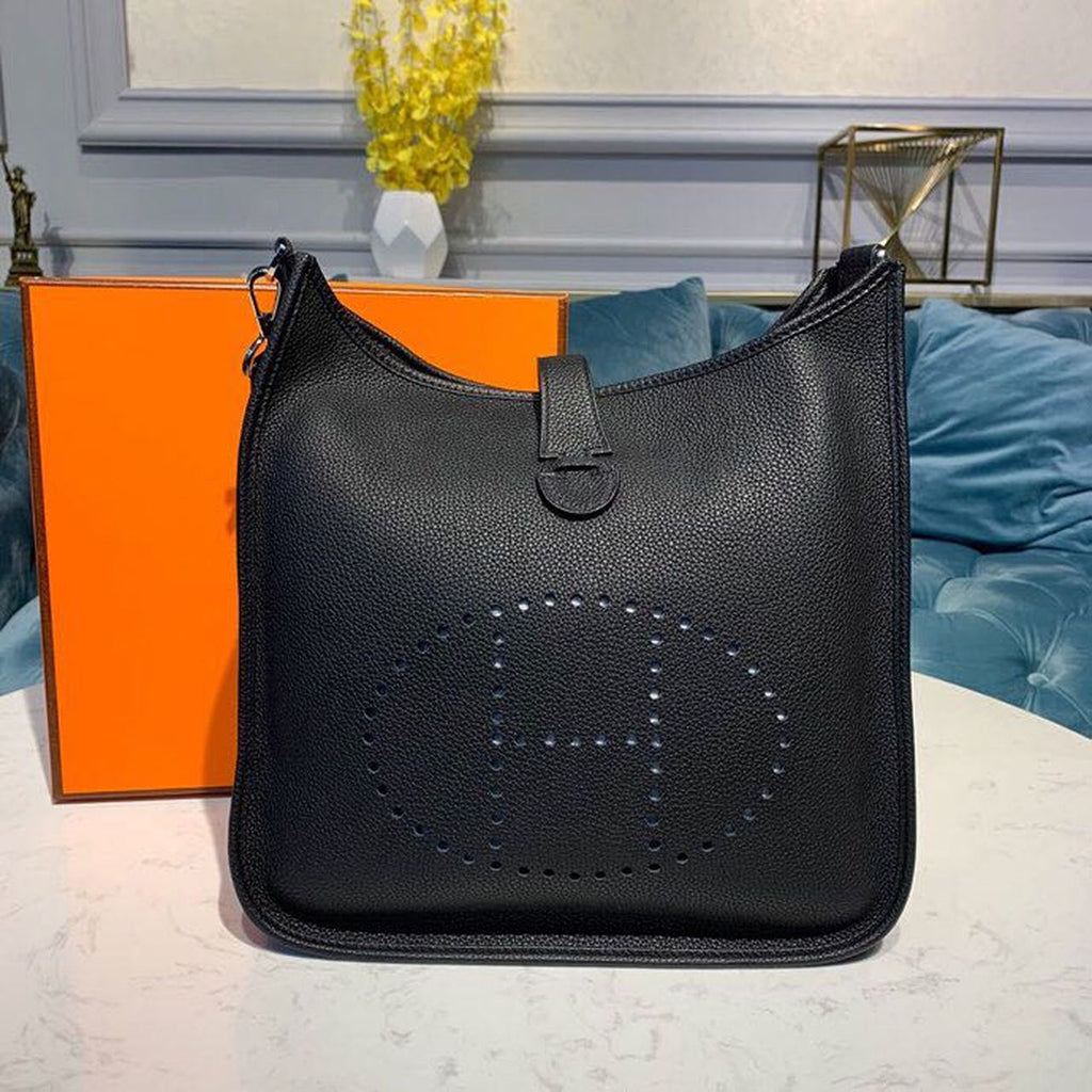 Hermes Evelyne III GM Bag 30cm Taurillon Clemence Handstitched Palladium Hardware Black
