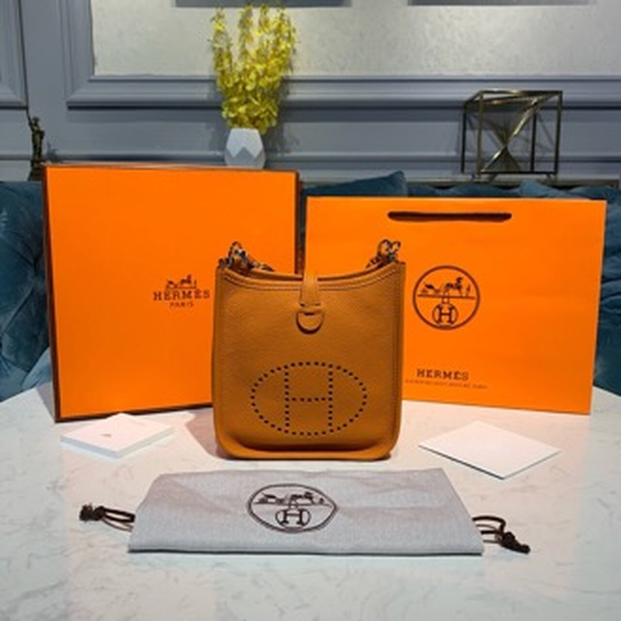 Hermes Evelyne III TPM Bag 17cm Taurillon Clemence Handstitched Palladium Hardware Orange