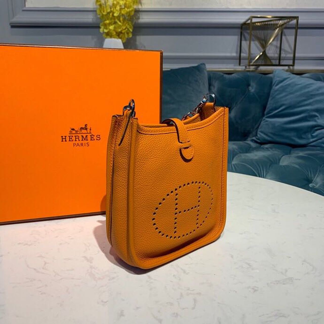 Hermes Evelyne III TPM Bag 17cm Taurillon Clemence Handstitched Palladium Hardware Orange