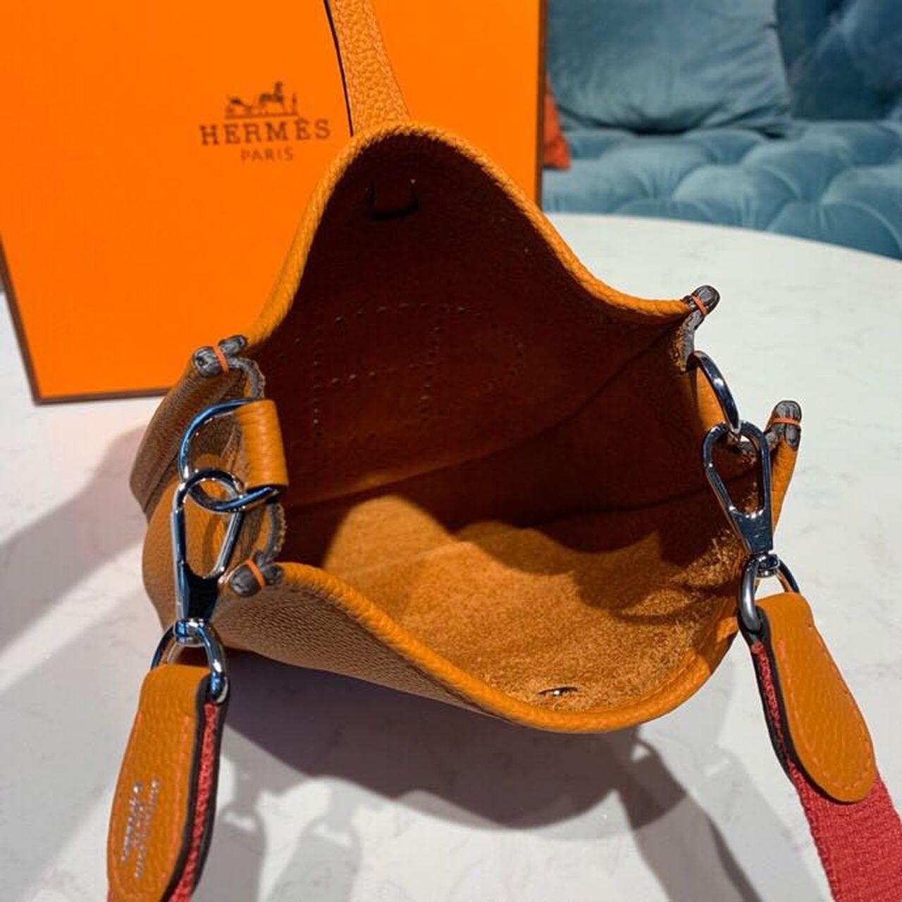 Hermes Evelyne III TPM Bag 17cm Taurillon Clemence Handstitched Palladium Hardware Orange
