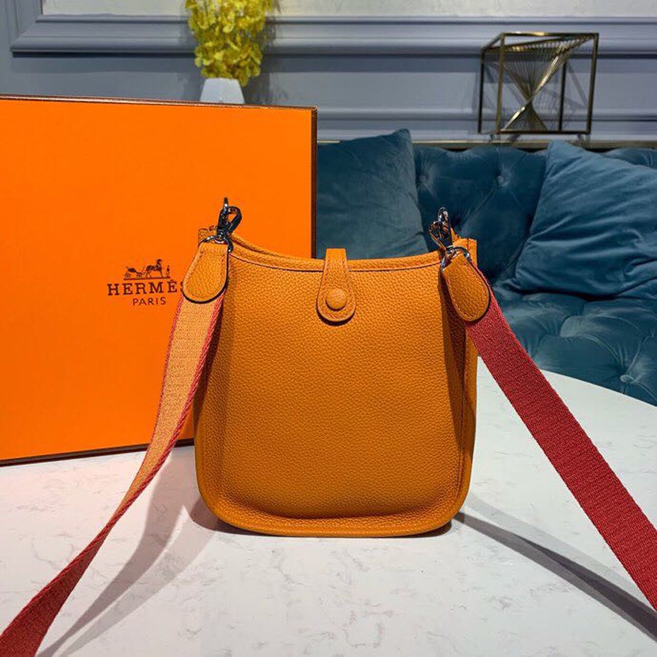 Hermes Evelyne III TPM Bag 17cm Taurillon Clemence Handstitched Palladium Hardware Orange