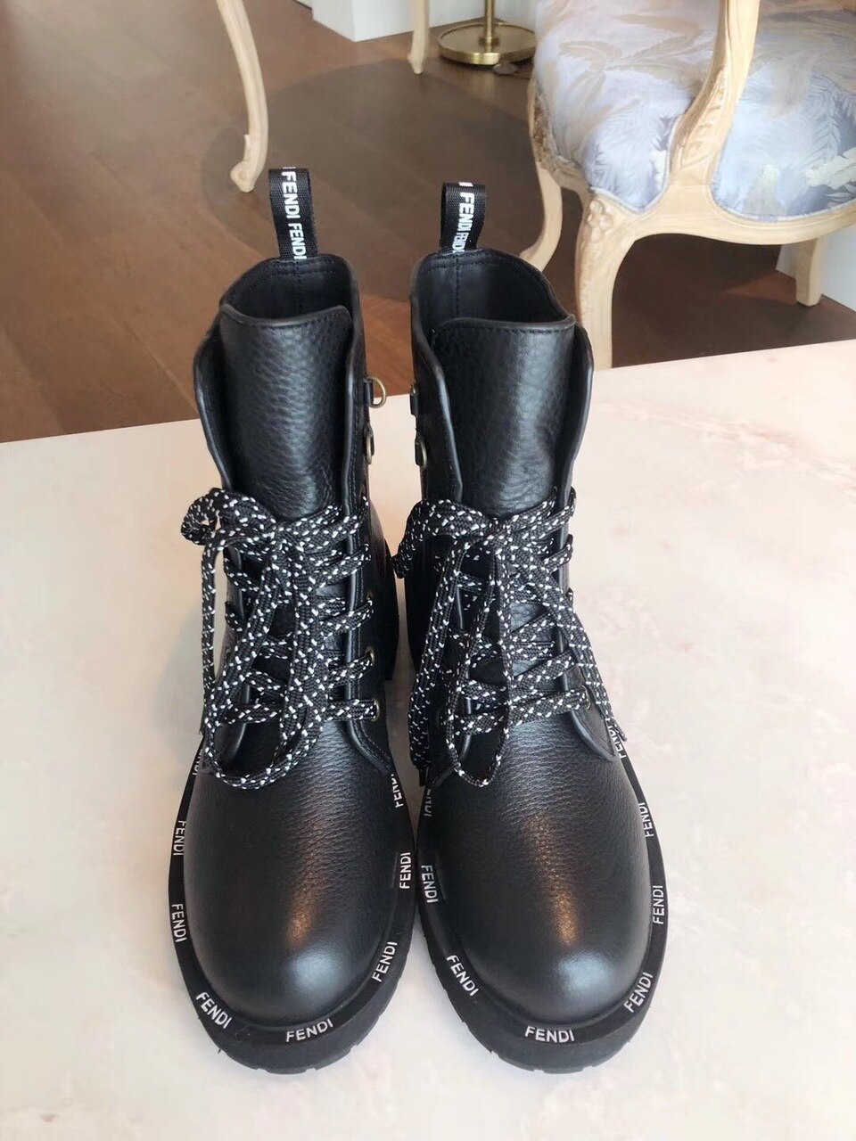Fendi FFreedom Lace-Up Biker Combat Boots Grained Calfskin Leather Fall/Winter Collection Black