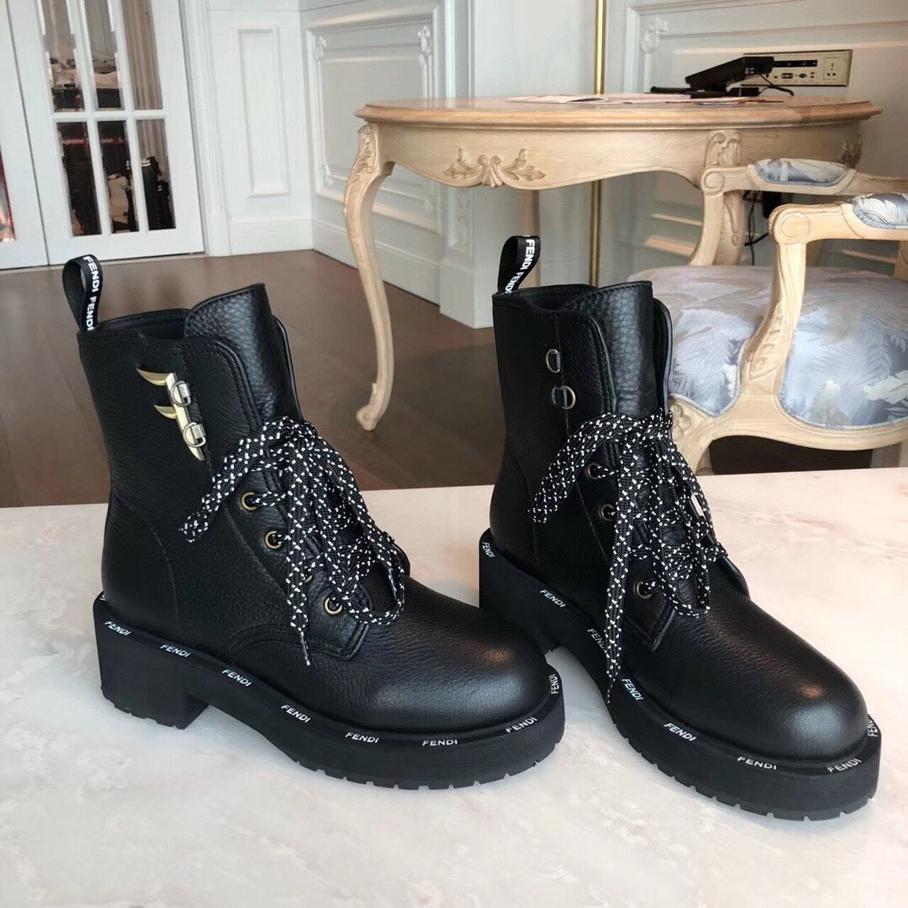 Fendi FFreedom Lace-Up Biker Combat Boots Grained Calfskin Leather Fall/Winter Collection Black