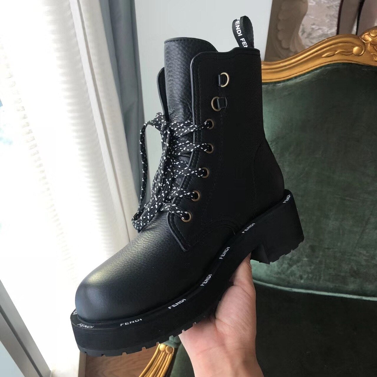 Fendi FFreedom Lace-Up Biker Combat Boots Grained Calfskin Leather Fall/Winter Collection Black