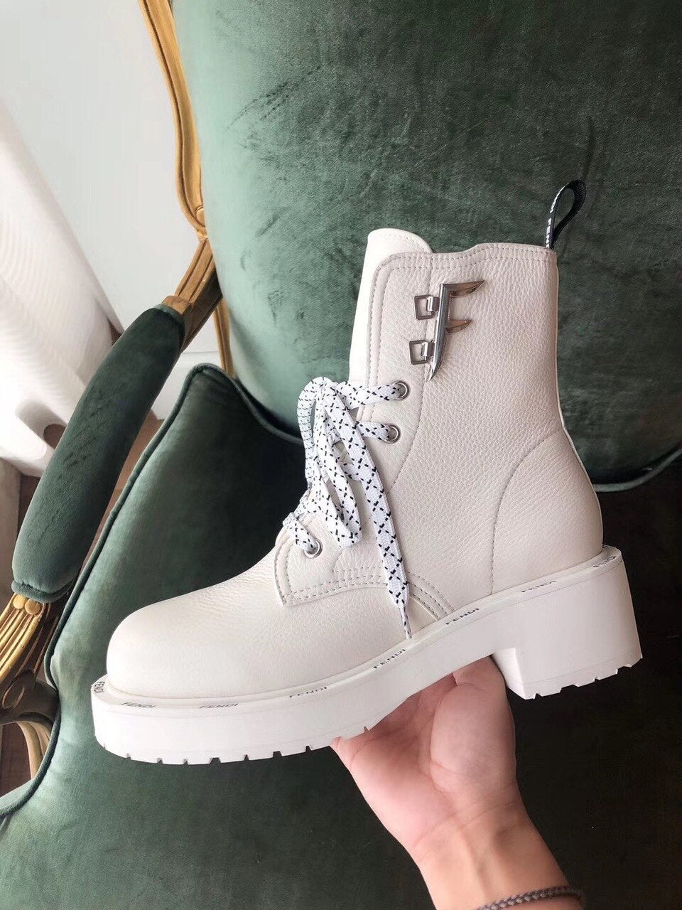 Fendi FFreedom Lace-Up Biker Combat Boots Grained Calfskin Leather Fall/Winter 2020 Collection, White