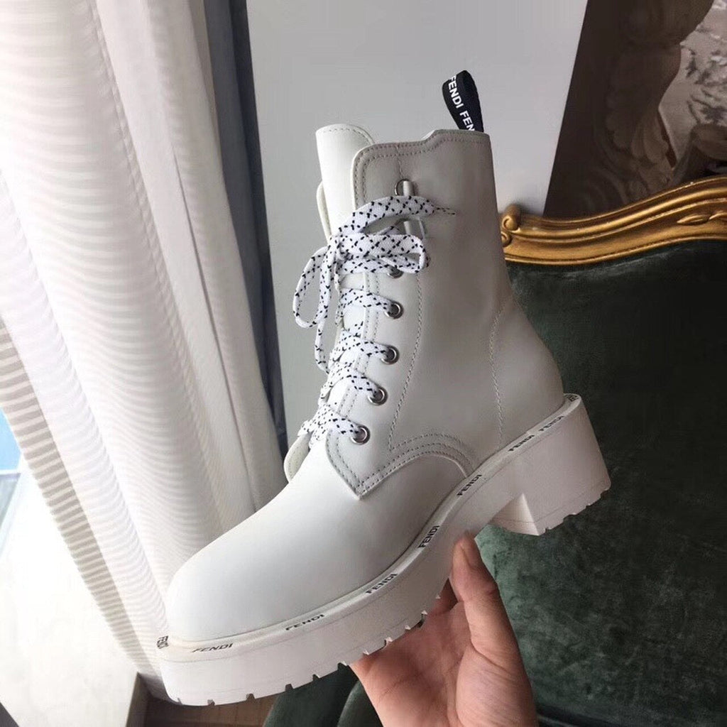 Fendi FFreedom Lace-Up Biker Combat Boots Calfskin Leather Fall/Winter 2020 Collection, White