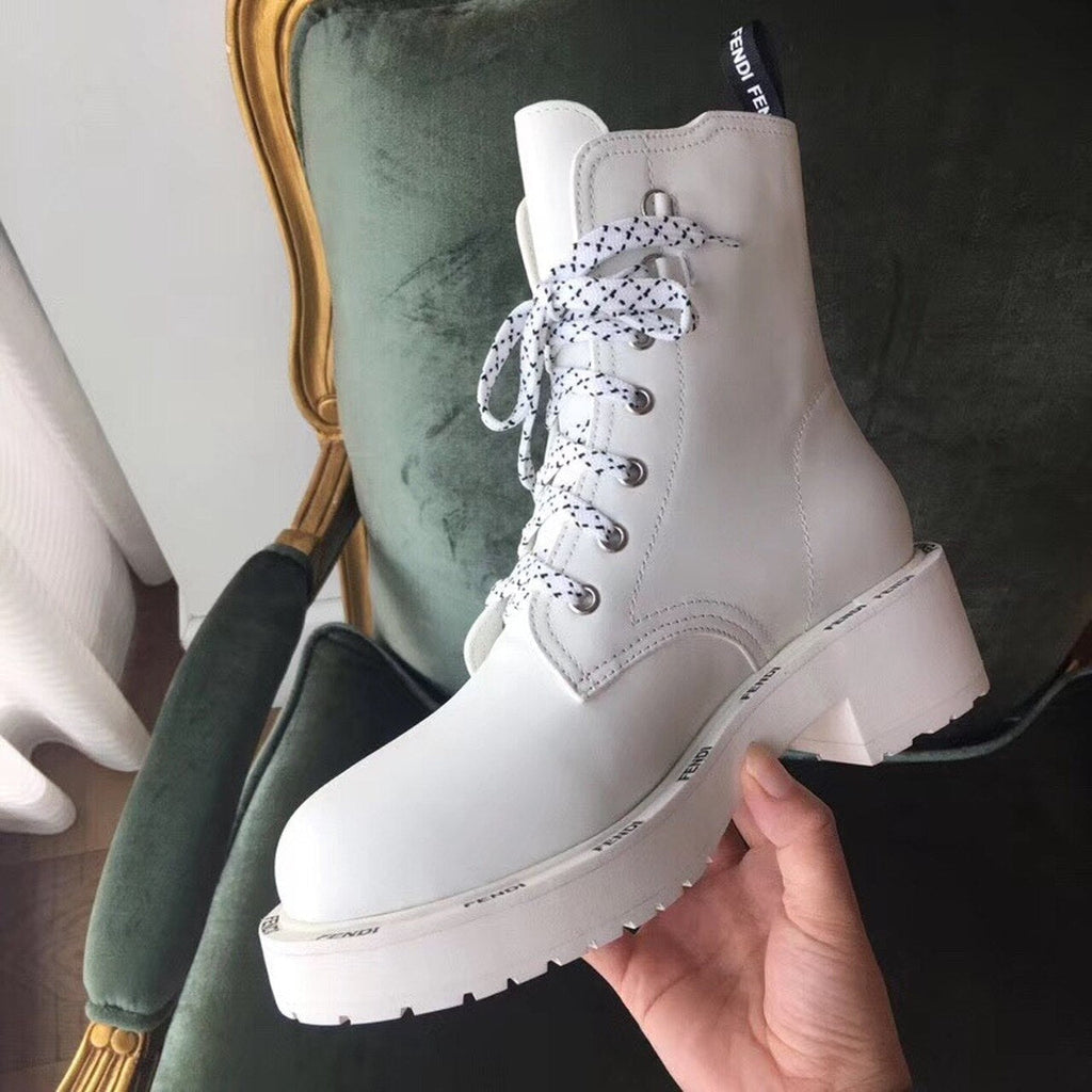 Fendi FFreedom Lace-Up Biker Combat Boots Calfskin Leather Fall/Winter 2020 Collection, White