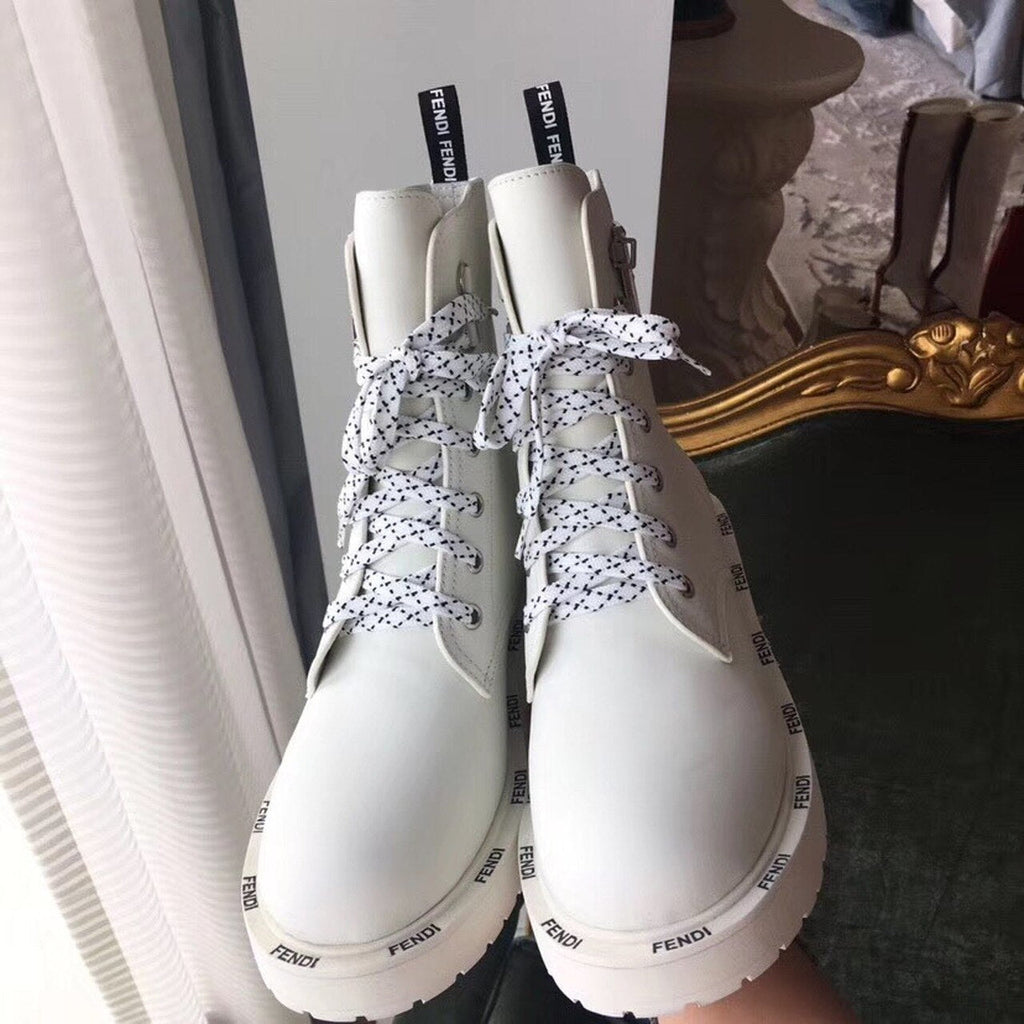 Fendi FFreedom Lace-Up Biker Combat Boots Calfskin Leather Fall/Winter 2020 Collection, White