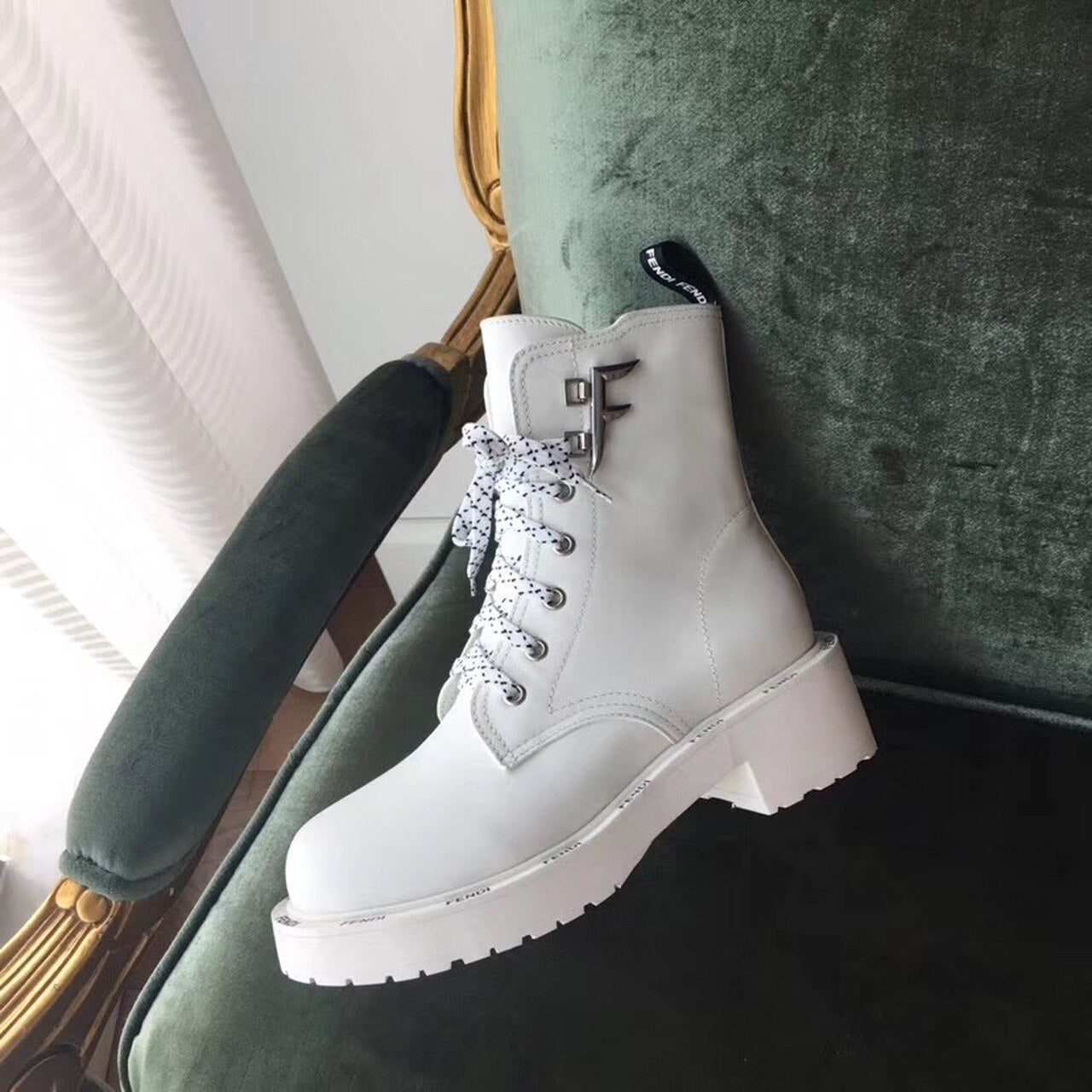 Fendi FFreedom Lace-Up Biker Combat Boots Calfskin Leather Fall/Winter 2020 Collection, White