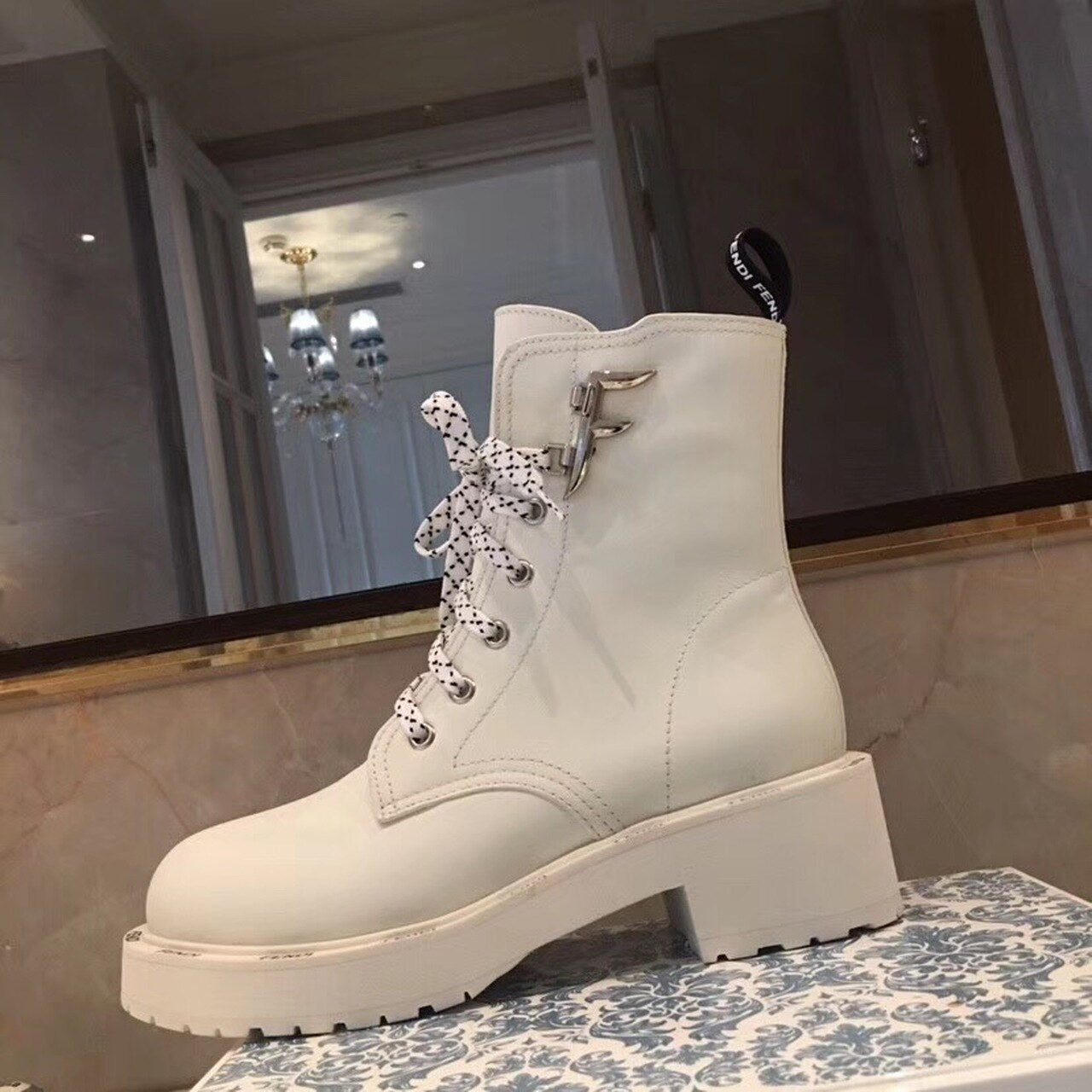 Fendi FFreedom Lace-Up Biker Combat Boots Calfskin Leather Fall/Winter 2020 Collection, White