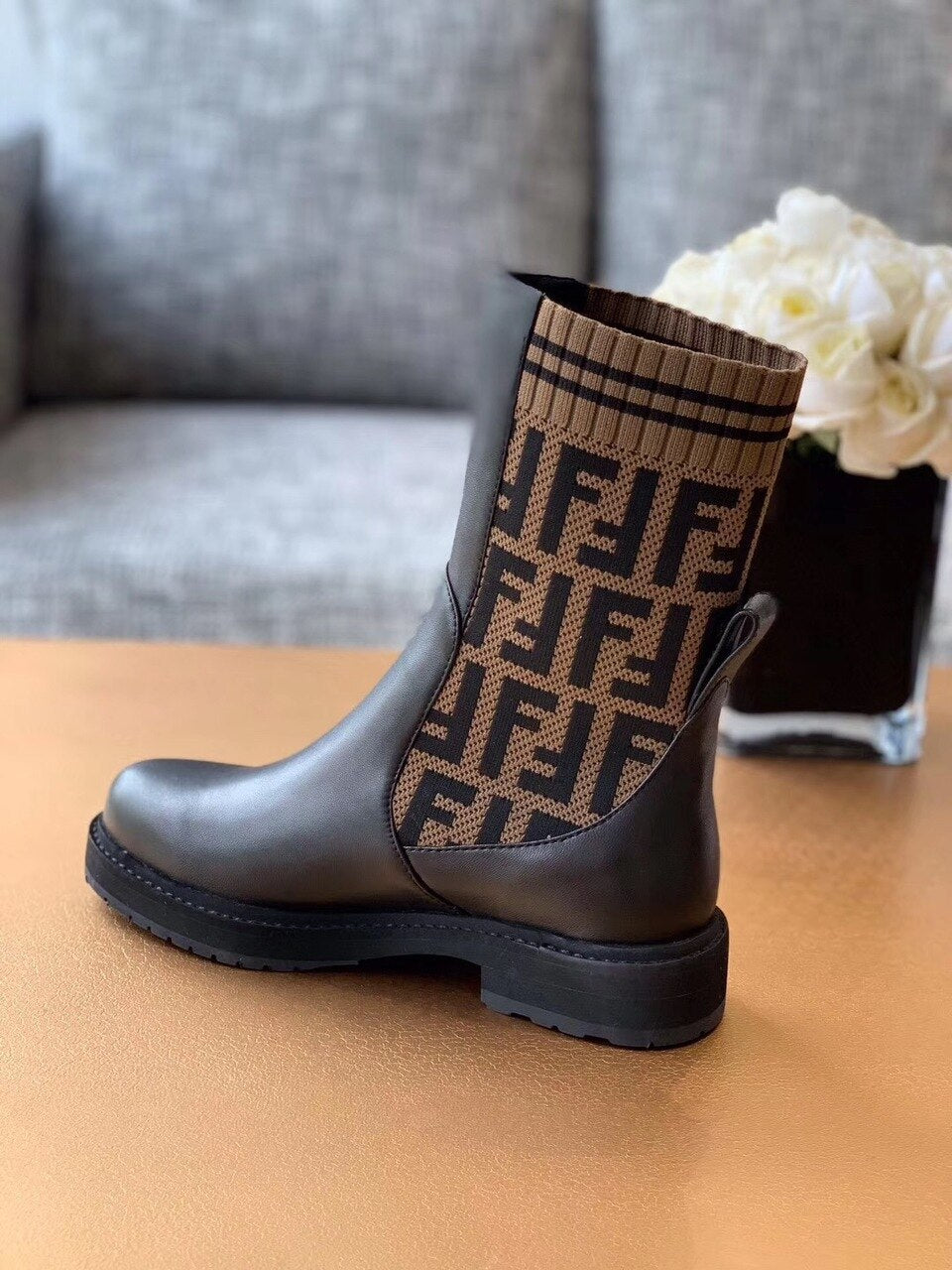Fendi FF Logo Jacquard Stretch-Knit And Leather Ankle Boots Calfskin Leather Fall/Winter Collection Black/Brown