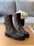 Fendi FF Logo Jacquard Stretch-Knit And Leather Ankle Boots Calfskin Leather Fall/Winter Collection Black/Brown