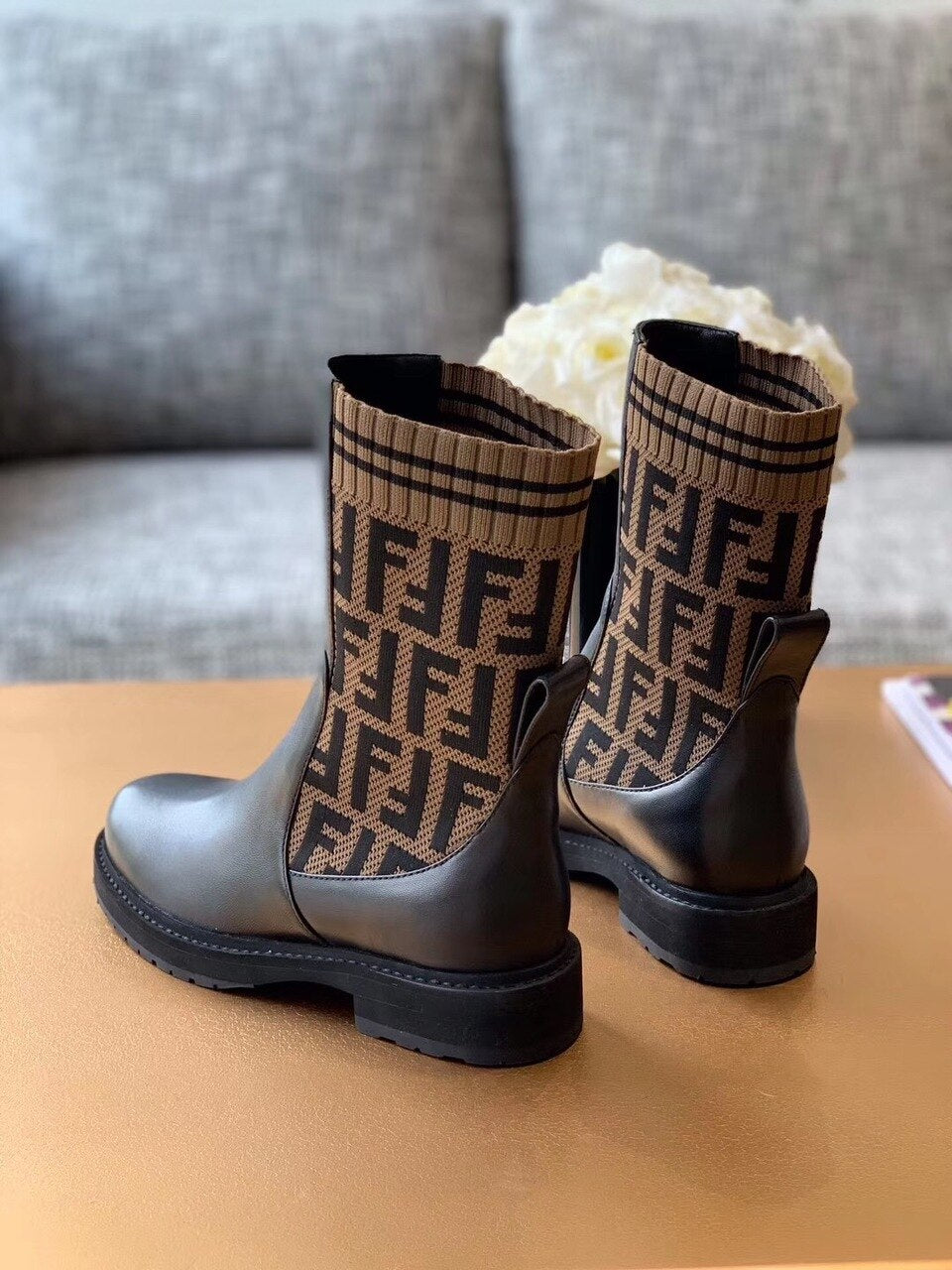 Fendi FF Logo Jacquard Stretch-Knit And Leather Ankle Boots Calfskin Leather Fall/Winter Collection Black/Brown