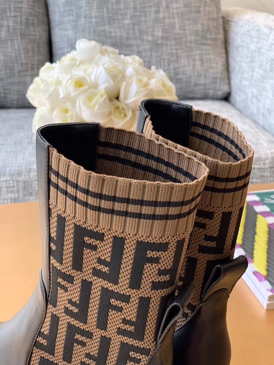 Fendi FF Logo Jacquard Stretch-Knit And Leather Ankle Boots Calfskin Leather Fall/Winter Collection Black/Brown