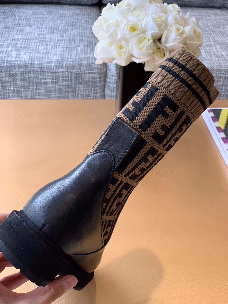 Fendi FF Logo Jacquard Stretch-Knit And Leather Ankle Boots Calfskin Leather Fall/Winter Collection Black/Brown
