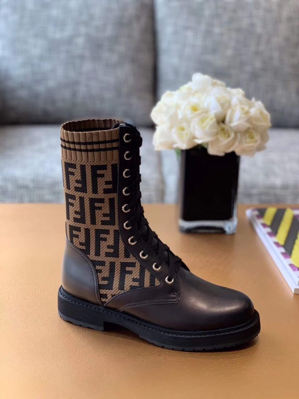 Fendi FF Logo Rockoko Chelsea Sock Combat Lace Up Ankle Boots Jacquard Stretch-Knit And Leather Calfskin Leather Fall/Winter Collection Black/Brown