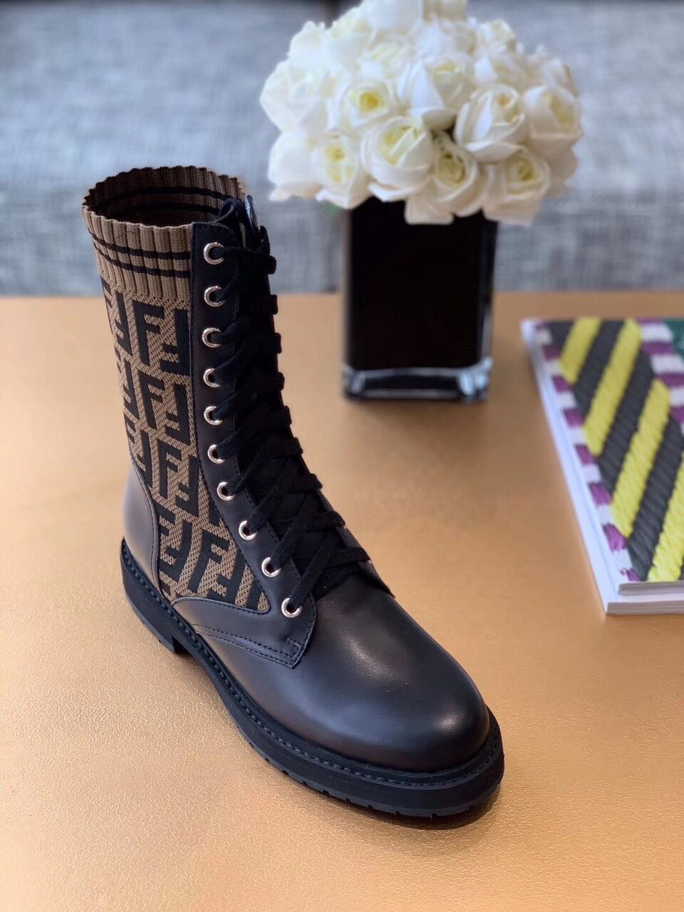 Fendi FF Logo Rockoko Chelsea Sock Combat Lace Up Ankle Boots Jacquard Stretch-Knit And Leather Calfskin Leather Fall/Winter Collection Black/Brown