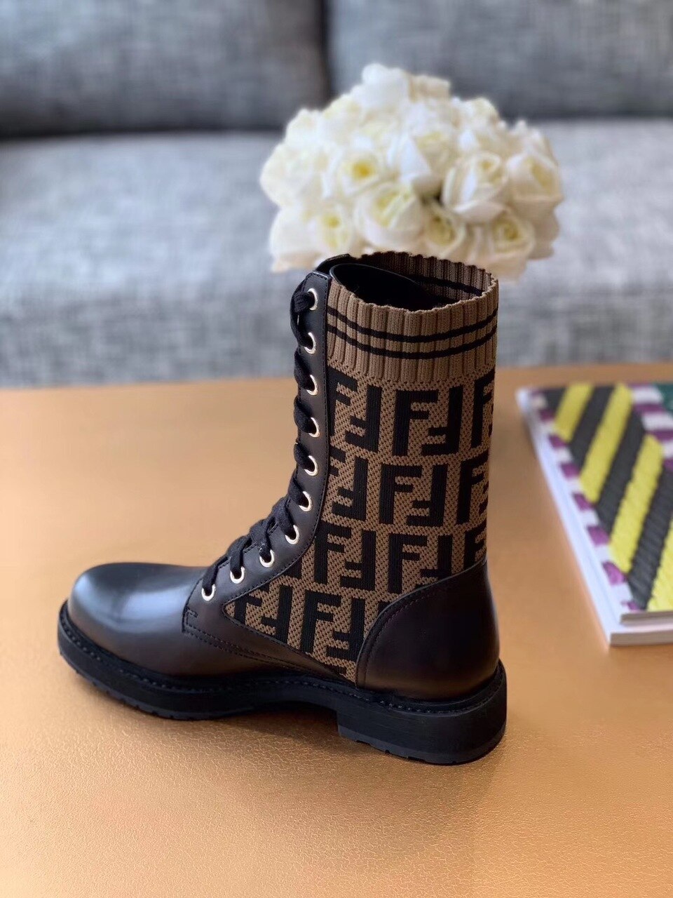 Fendi FF Logo Rockoko Chelsea Sock Combat Lace Up Ankle Boots Jacquard Stretch-Knit And Leather Calfskin Leather Fall/Winter Collection Black/Brown