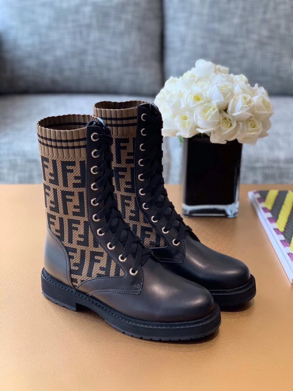 Fendi FF Logo Rockoko Chelsea Sock Combat Lace Up Ankle Boots Jacquard Stretch-Knit And Leather Calfskin Leather Fall/Winter Collection Black/Brown